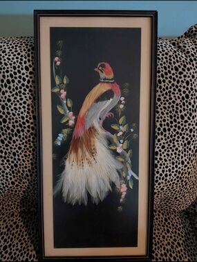 Large Original Vintage Real Feathers Bird Painting! Intricately Hand Layered!